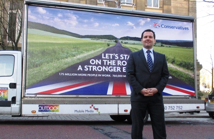Chris Green welcomes the Conservative Party's poster van to Bolton